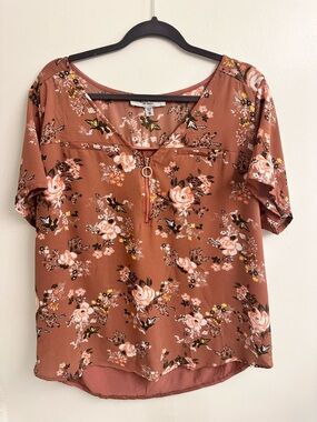 Plus Size Tempted Hearts Rust Brown Floral Quarter Zip Blouse SZ 3X